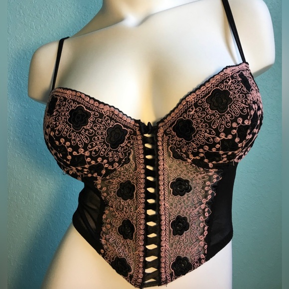 delicates Tops - Vintage Delicates Embroidered Bustier Corset Sexy Satin Lace Up Bra Top M | 36C